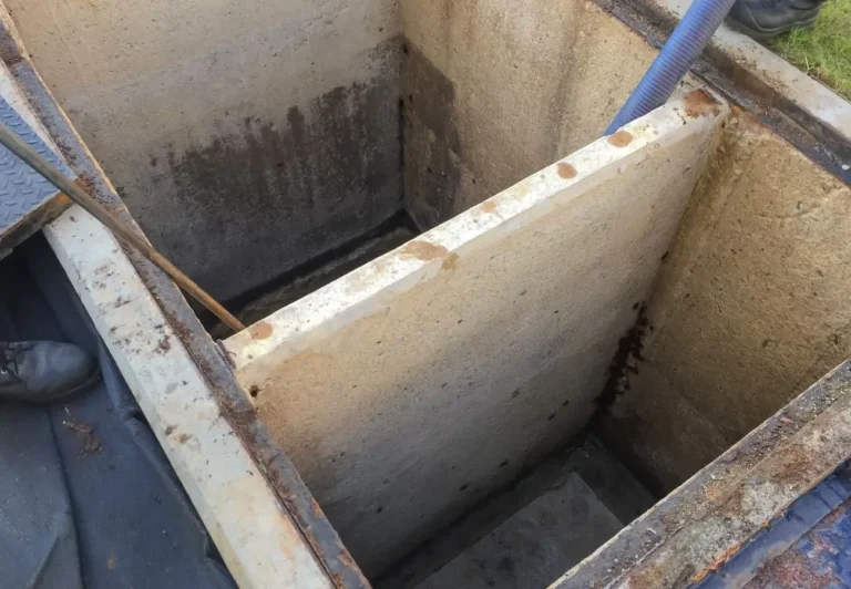 Zdjęcie przedstawia otwarty betonowy zbiornik, prawdopodobnie przeznaczony na ścieki lub inne odpady płynne. Widać grube betonowe ściany, które świadczą o solidnej konstrukcji zbiornika. Na powierzchni betonu widoczne są ślady wilgoci i przebarwienia, które mogą wskazywać na użytkowanie w środowisku o wysokiej wilgotności. Po prawej stronie znajduje się wąż, który może być używany do wypompowywania zawartości zbiornika lub jego czyszczenia. W lewym dolnym rogu widoczny jest fragment buta osoby znajdującej się obok zbiornika, co wskazuje na jego otoczenie robocze. Konstrukcja wydaje się wytrzymała i dobrze dostosowana do przechowywania ciężkich materiałów.