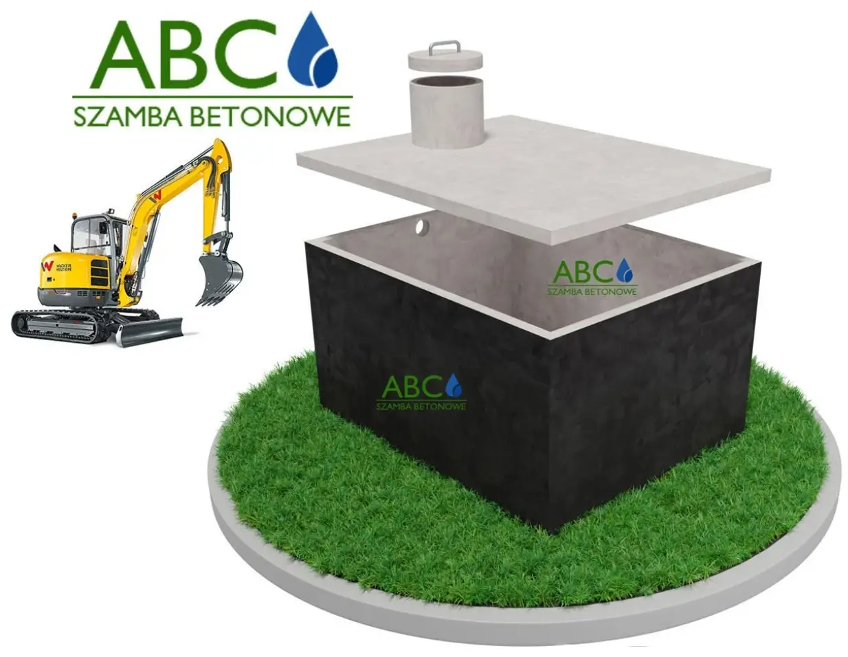 Obraz przedstawia wizualizację szamba betonowego na tle trawnika. Szambo jest pokazane w formie przekroju, z betonową pokrywą unoszoną nad zbiornikiem. W lewej części obrazu znajduje się żółta koparka, która symbolizuje proces instalacji. W górnej części widoczne jest logo „ABC Szamba Betonowe” z ikoną kropli wody.