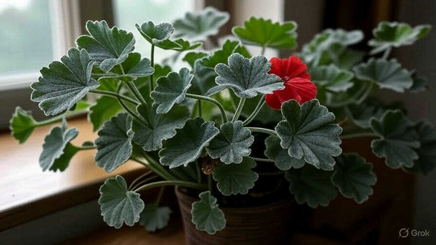 Na zdjęciu widać liście i kwiaty geranium z widoczną szarą pleśnią.