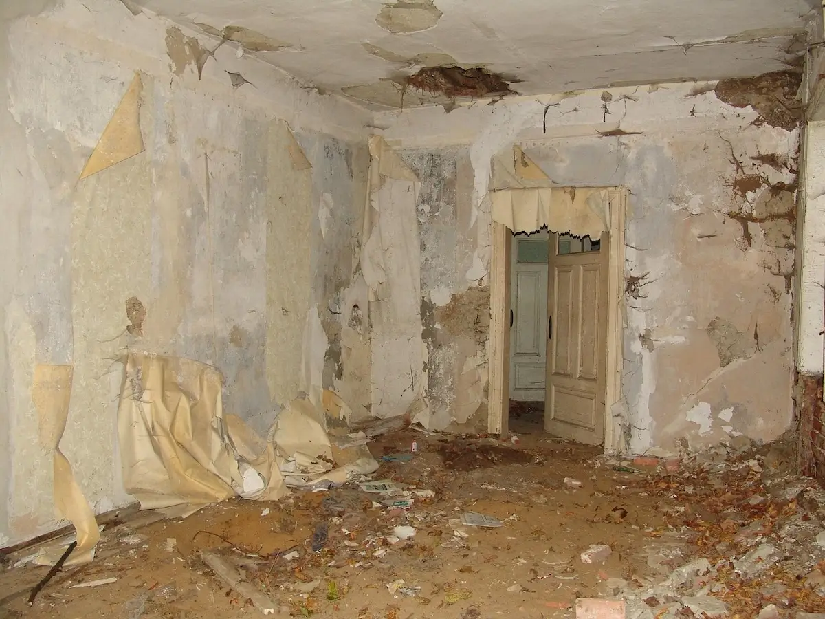 Zniszczone pomieszczenie z odpadającym tynkiem, oderwanymi tapetami, zawaloną podłogą i gruzem rozrzuconym po całym wnętrzu. Obraz przedstawia efekt remontu lub rozbiórki, ilustrując potrzebę wywozu gruzu i odpadów budowlanych.