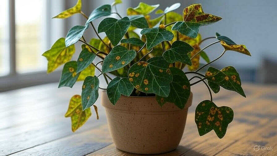Bluszcz doniczkowy (Hedera helix) z objawami antraknozy – brązowe plamy na liściach i częściowo opadające ulistnione pędy.