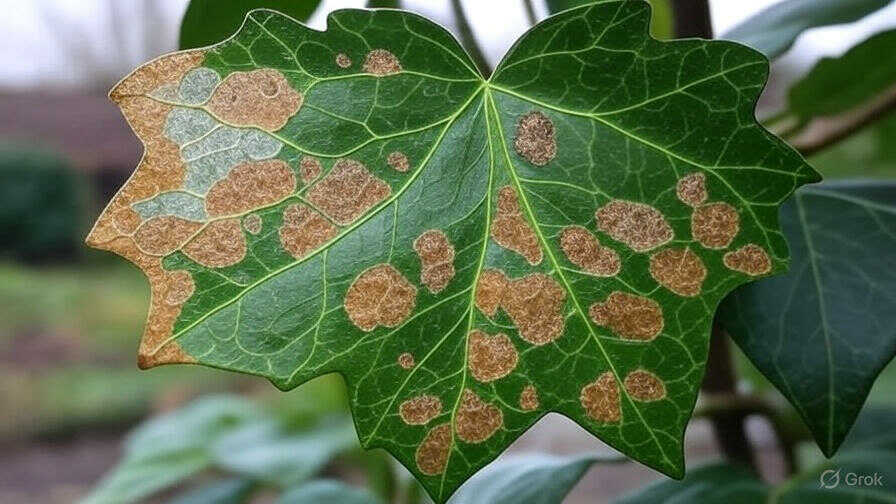 Liść bluszczu pospolitego (Hedera helix) z objawami bakteryjnej plamistości liści – wodniste, brunatniejące plamy na powierzchni liścia.